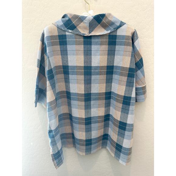 LINTICO | Linen Blend Blue Plaid Cowl Neck Short Sleeve Shirt Top | XL - Picture 6 of 9